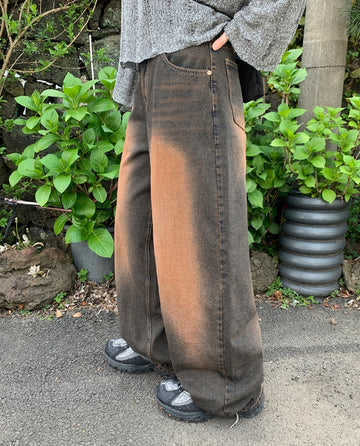 Hida Brown Washing Denim Wide Pants
